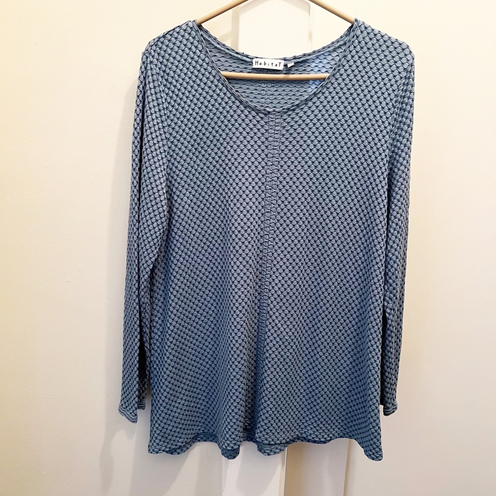 Habitat Textured Tunic Top Large Blue Casual Artsy Rayon Long Sleeve